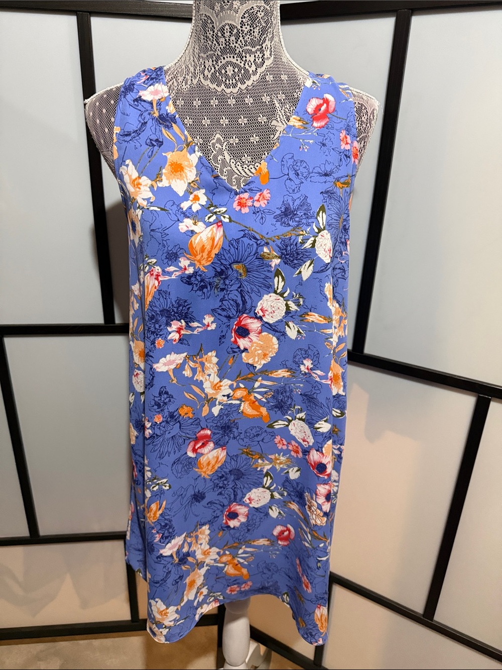 Sleeveless Blue Floral V-Neck Midi Dress